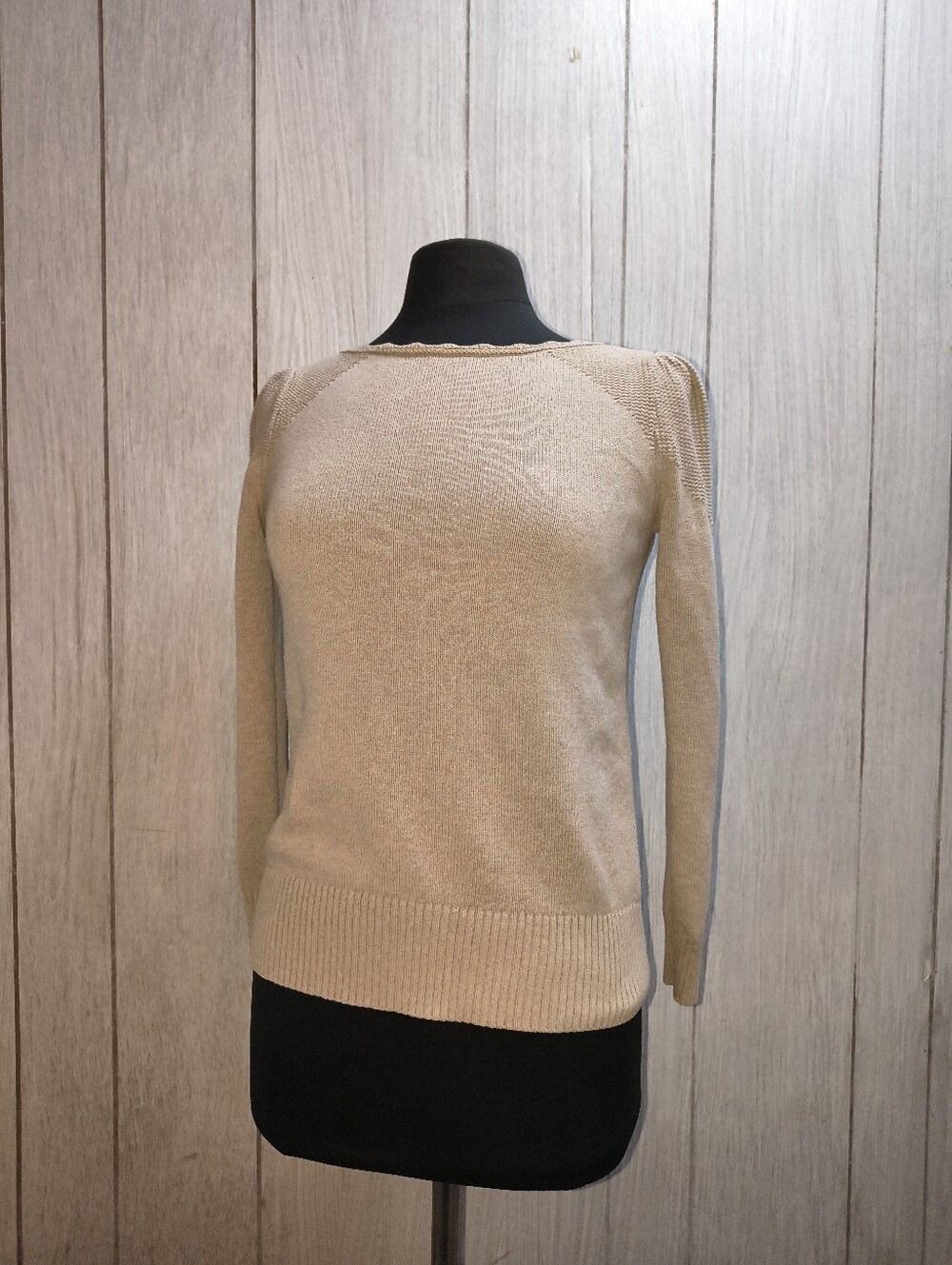LOFT Beige Stitchy Puff Sleeve Cotton Knit Pullover Sweater Size S